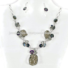 Pyrite y piedras preciosas múltiples 925 collar de la plata esterlina Joyería